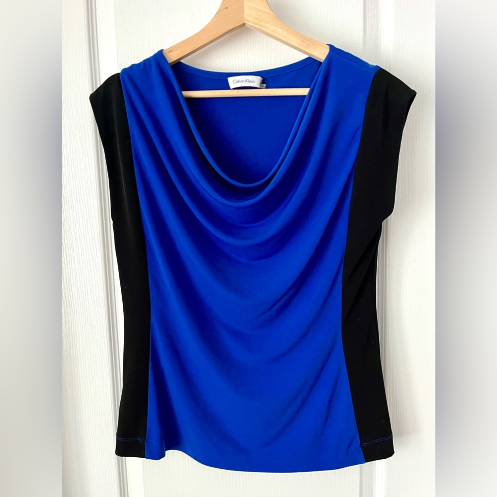 CALVIN KLEIN Cowl Neck Colorblock Sleeveless Top Blue Black Medium